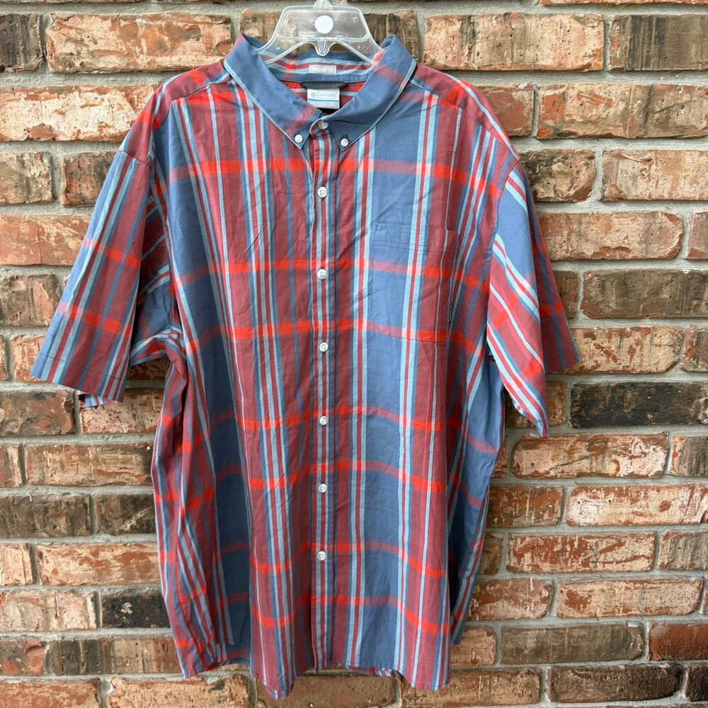 Columbia Mens 2XT Blue Red Camp Plaid Button Down Shirt Short Sleeve Casual - Picture 3 of 7